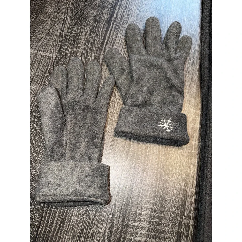 Girls Winter Scarf‎ and Gloves Set Charcoal Gray Snowflake Embroidered Fleece